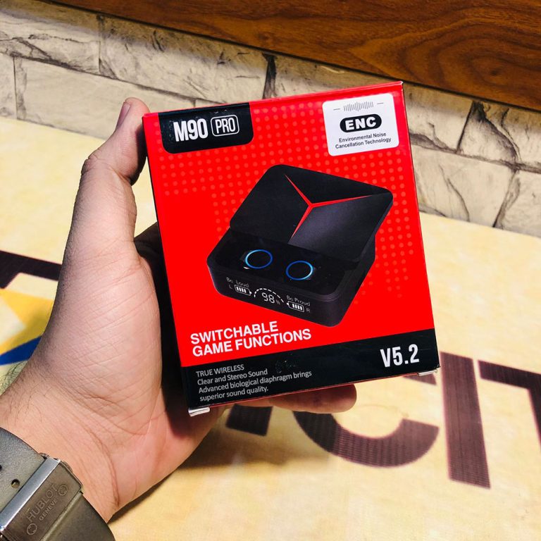 M90 Pro Bluetooth Earbuds – Product with Box and Charging Cable
