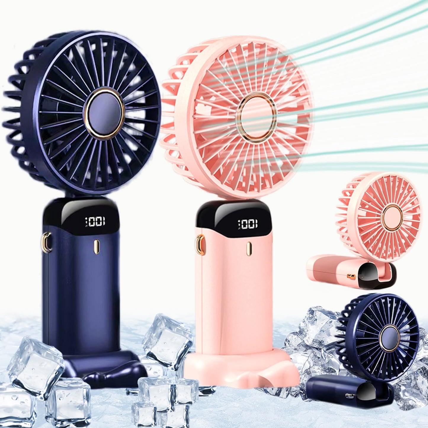 Rechargeable Hand Fan with LED Display - Pink variant in use