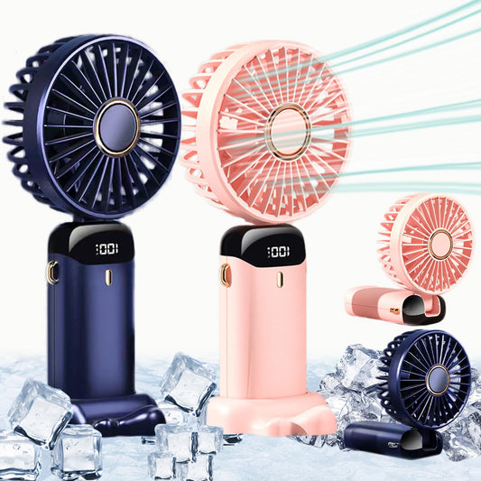 Rechargeable Hand Fan with LED Display - Pink variant in use
