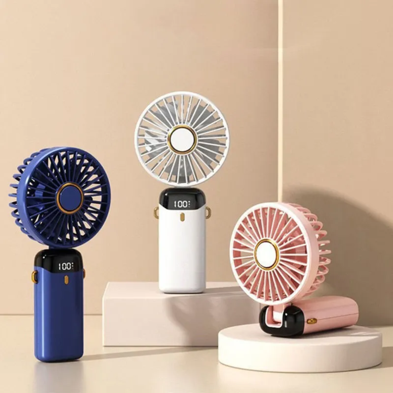 Rechargeable Hand Fan with LED Display - Blue, White and Pink colors