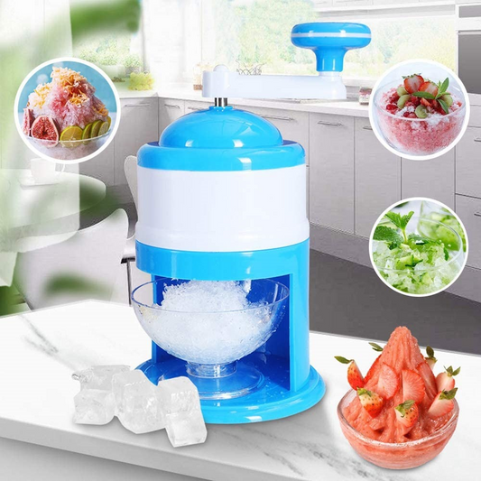 Hand-crank ice crusher in use with shaved ice results